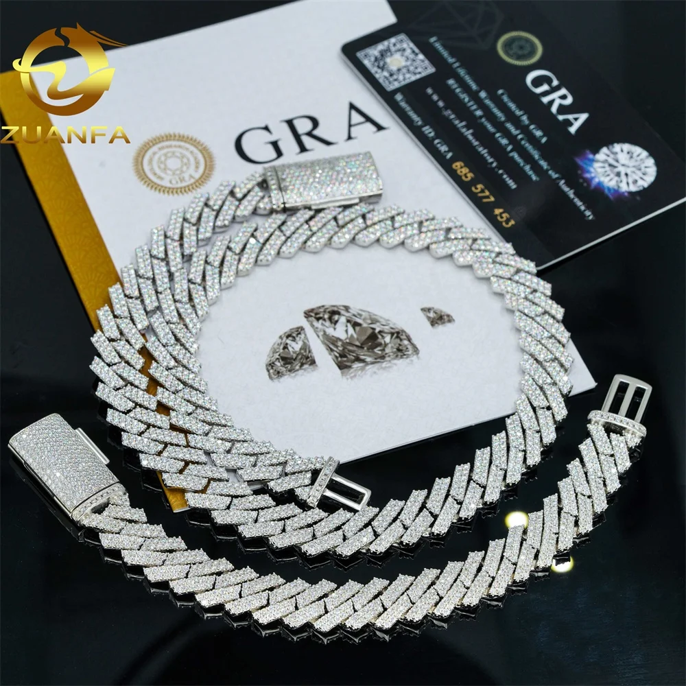 Zuanfa Fine Jewelry Hip Hop Iced Out Cuban Link Necklace 13mm 2 Rows Thick Solid 925 Silver VVS Moissanite Cuban Chain