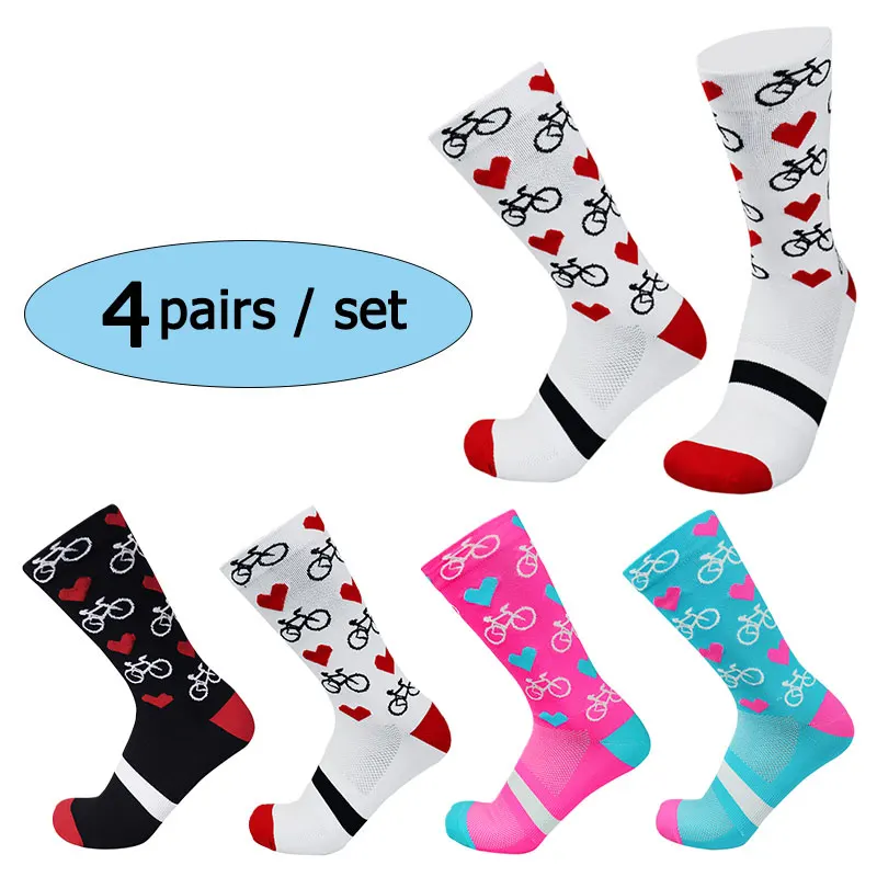 4 pairs of professional cycling socks for men and women on the road, sweat absorbing and breathable cycling pattern socks