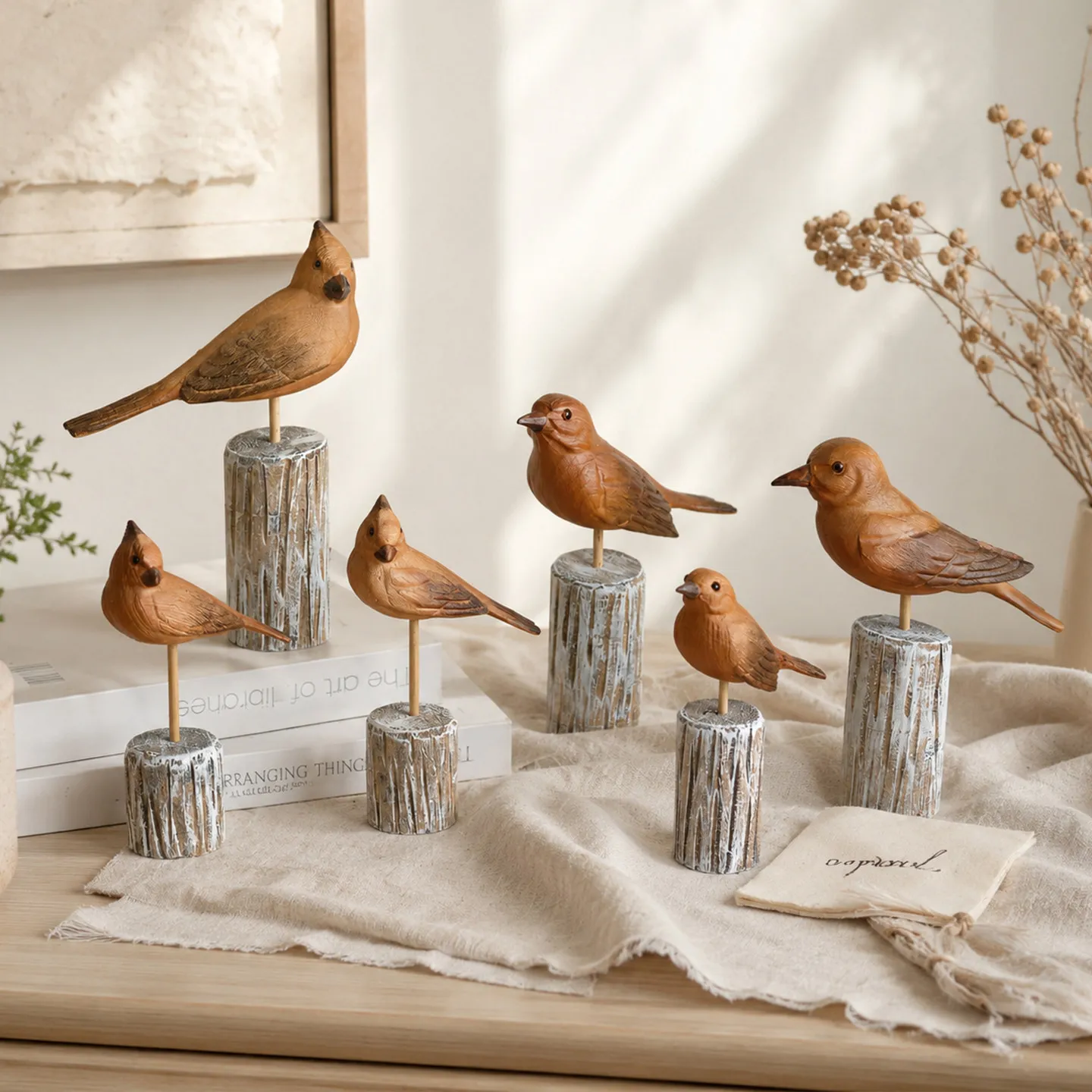 Retro Animal Wooden Bird Flock Ornament Home Decoration Creative Desktop Handicrafts Living Room Entrance Figurines Art