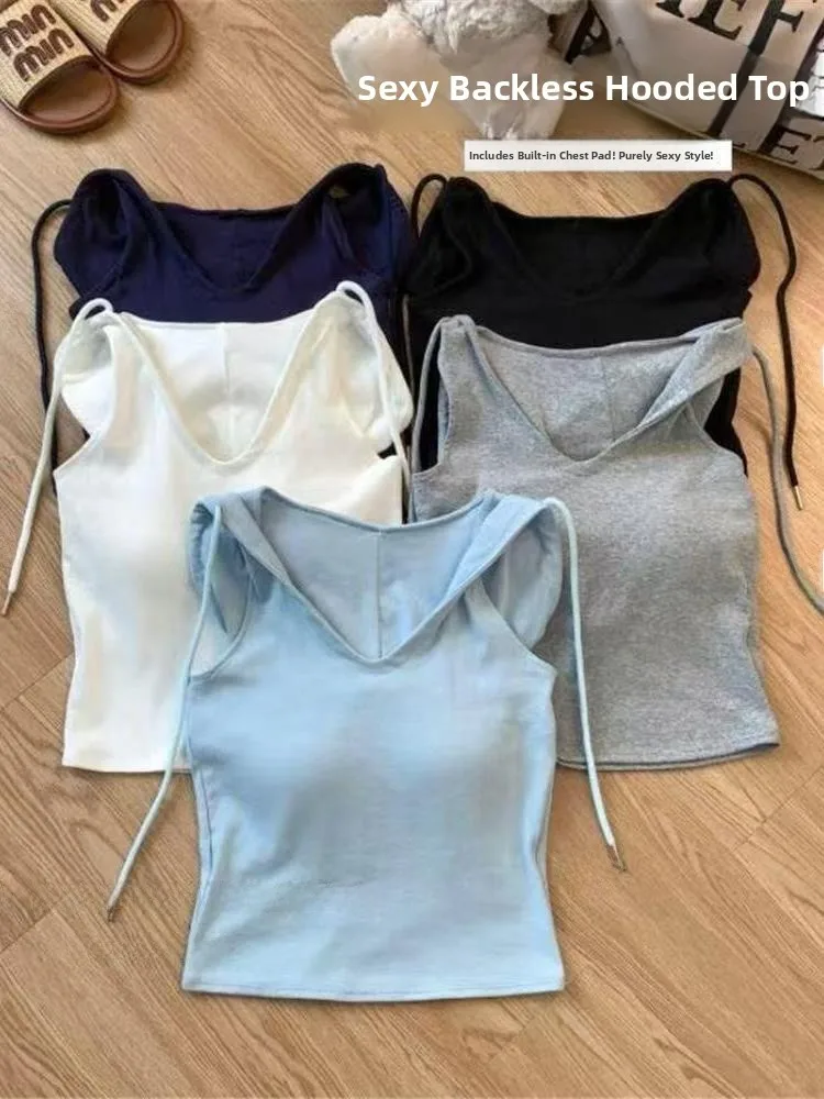Slim Fit Hoodie Vest Women's Pure Desire Style with Chest Pad Short Length A-Line Narrow Shoulder Strap Vest Inner Wear Cotto...