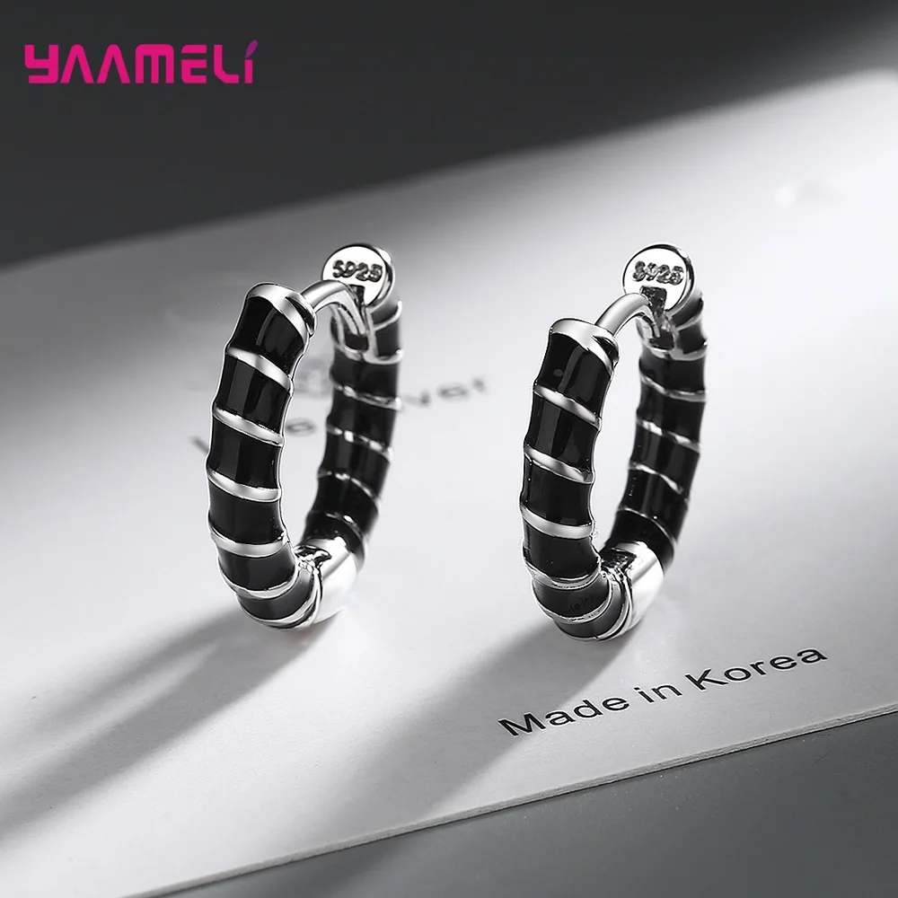 S925 Jewelry 925 Sterling Silver Round Circle Hoop Earrings New Trend White Black Pink Enameled Women Girl Fashion Accessory