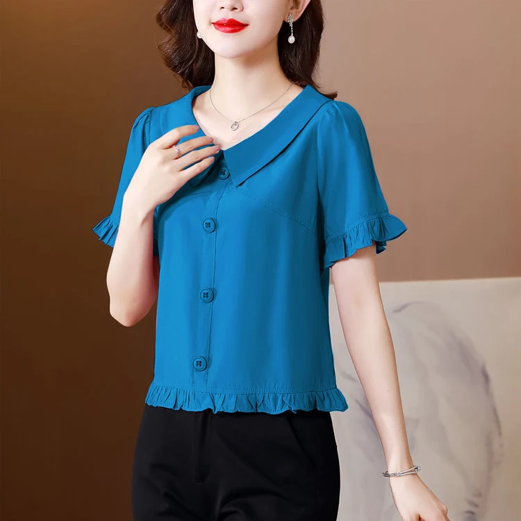 2024 Summer New Doll Collar Fashion Stylish Small Shirt Shirt Elegant Waist Short-sleeved Top Women\'s Chiffon Shirt Trendy