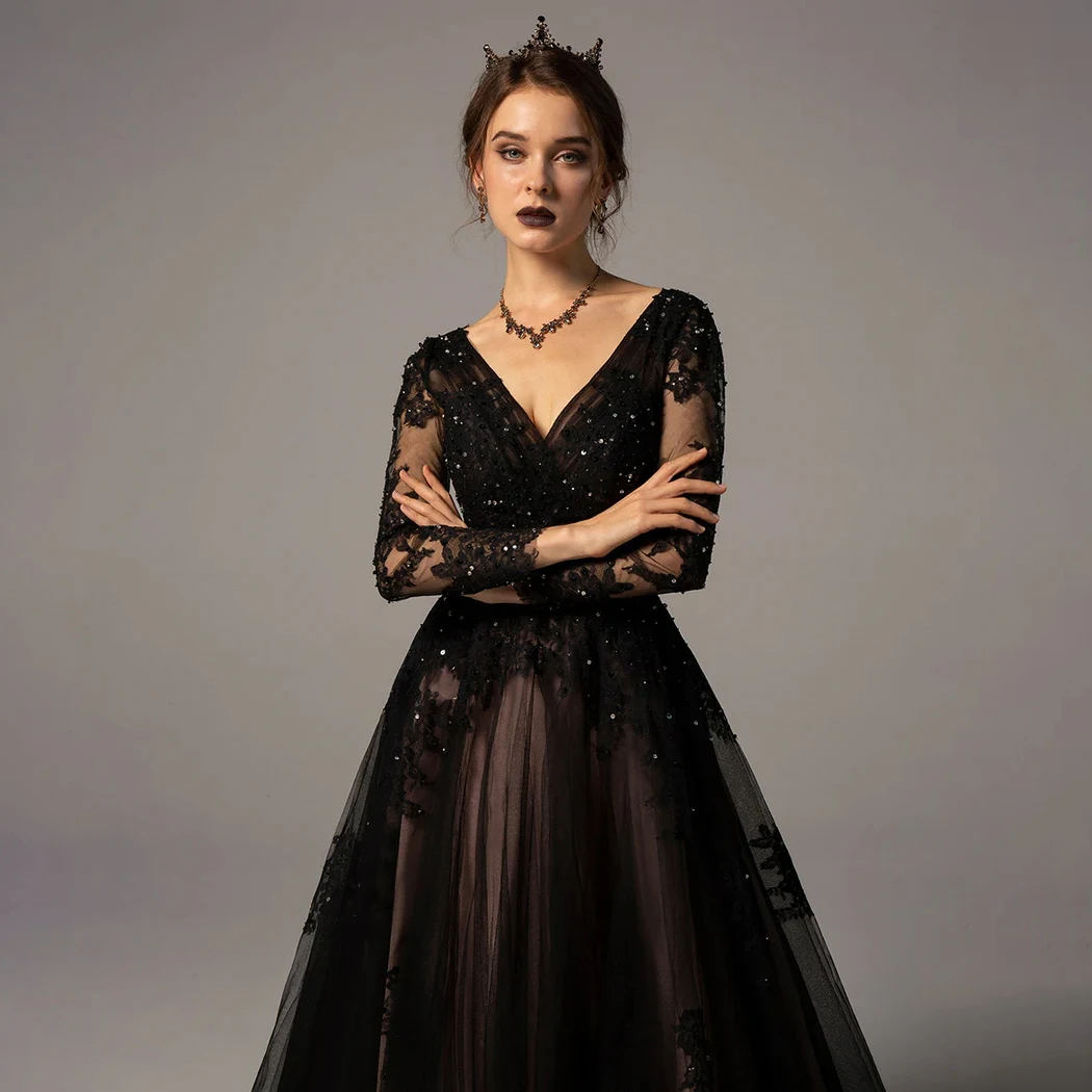 فستان سهرة من التل بأكمام طويلة أسود قوطي مخصص 2025 عتيق مزين بالدانتيل مطرز بالخرز وأربطة من الخلف فستان حفلات للنساء