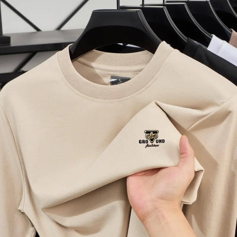 High-end herfst nieuwe heren lange mouwen luxe op maat gemaakte comfortabele ronde hals top prachtige merk badge lange mouwen T-shirt