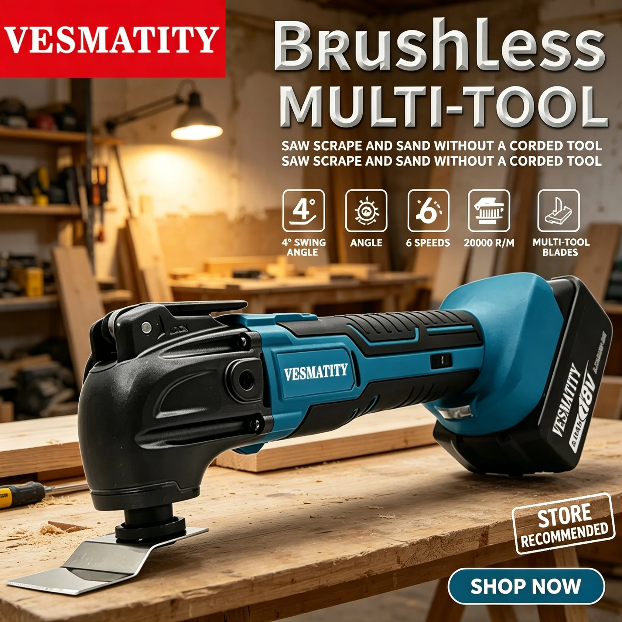 Vesmatity 18V Quick Release Oscillating Tool 6 Speed Cordless Multi Vibration Functional Tool Renovator Electric Trimmer/Shovel