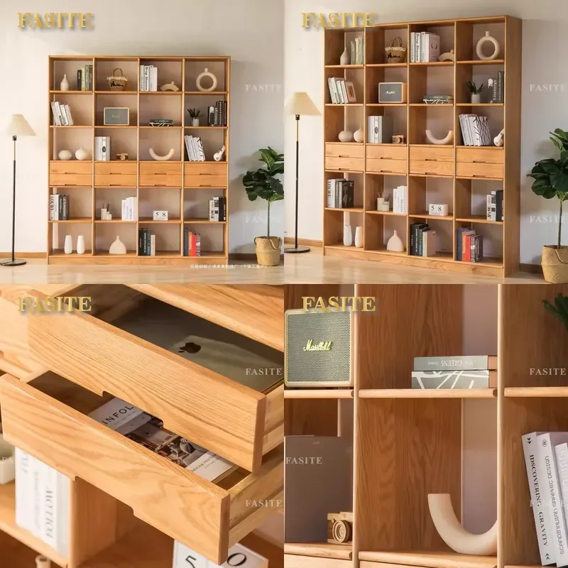 For Nordic Japanese Style All Solid Wood Cherry Bookcase Floor Standing Storage Cabinet with Shelves and Lattice Design for
