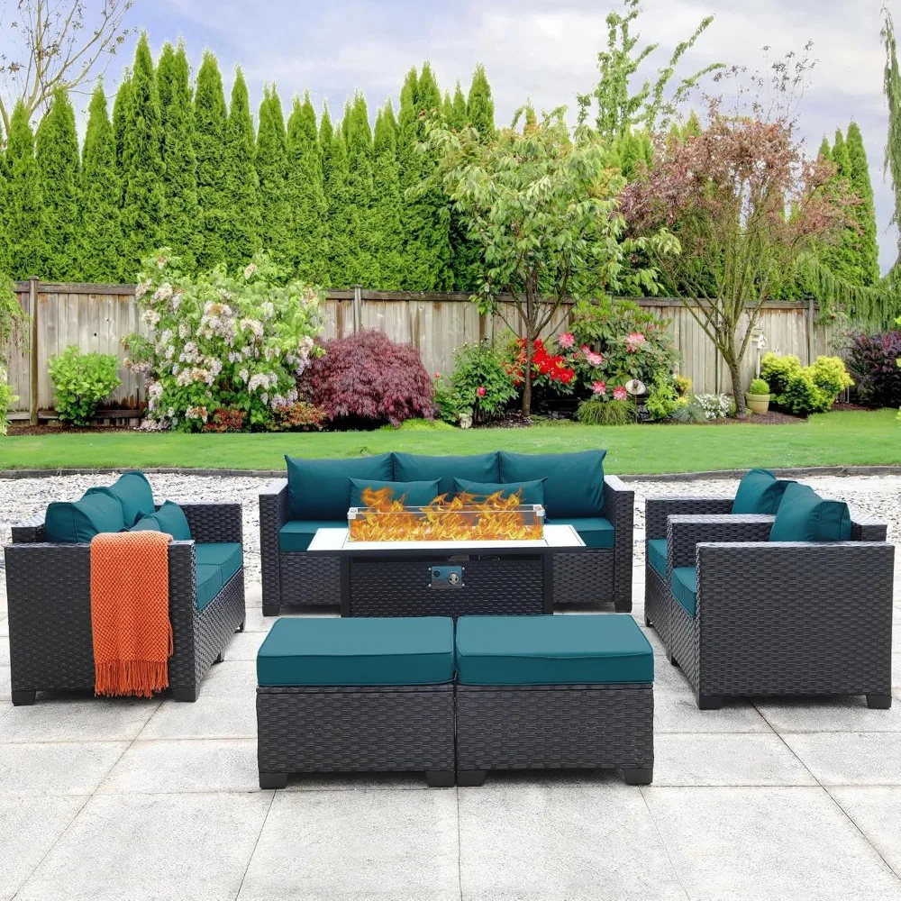 Fire Pits 7 PCS Outdoor Furniture Sets Patio Couch Outdoor Chairs 60000BTU Outdoor Propane Fire Pit Table