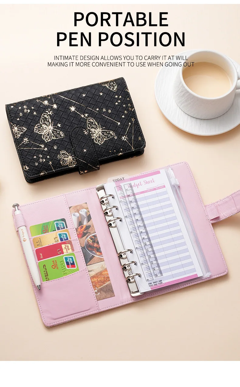 Macaron Style Gold Stamped Butterfly A6 Binder High-Value Cash Budget Planner Notebook Stationery