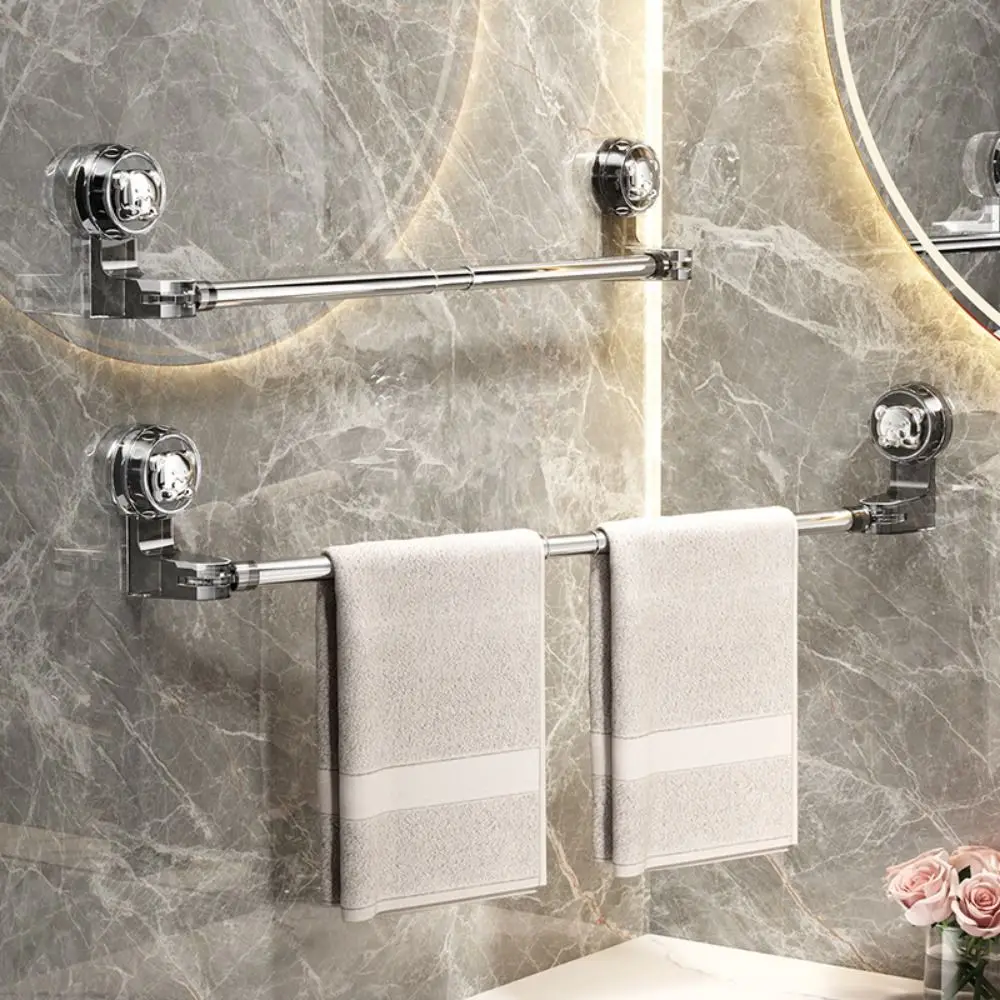 Single Suction Cup Retractable Towel Bar Wall Mounted Rotated Bath Towel Holder Removeable Drain Single Towel Rail Rod Shower