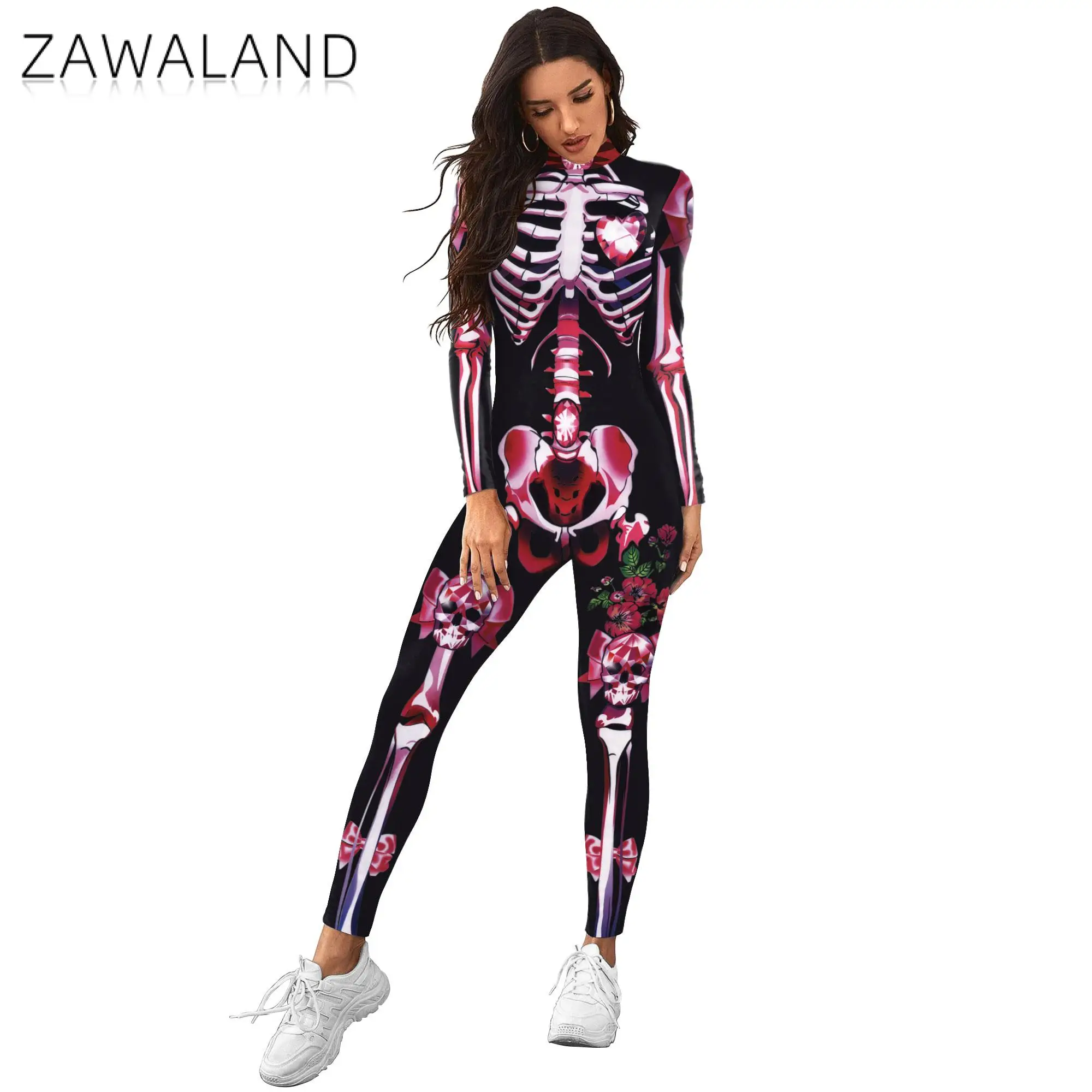 Zawaland Carnival Funny Skull Print Costume Cosplay tuta per le donne Halloween body Fancy Holiday Party Outfit abbigliamento