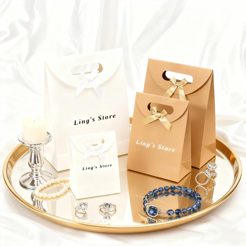 

24/50/100pcs Custom Logo Jewelry Paper Bowknot Handle Tote Bag Gift Packaging Souvenir Organizer Pocket Birthday Perfume Storage