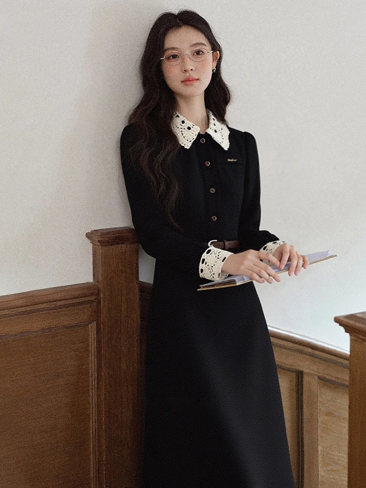 

Ele Simple Original Korean Sle Bla Dr женское осеннее длинное све повседневное удобное дышащее платье трапециевидной формы