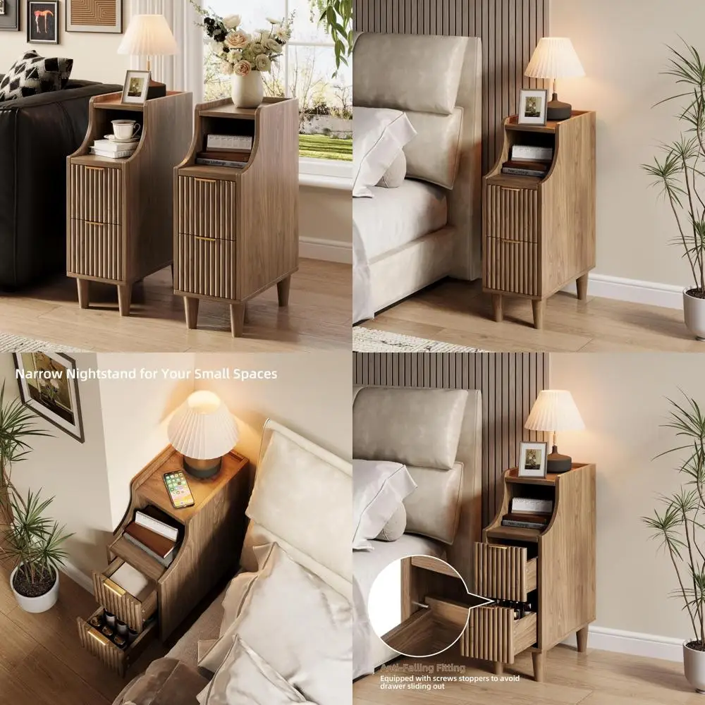 Farmhouse Style Walnut Nightstands - Set of 2 Narrow Bedside Tables with 2 Drawers and Storage for Modern Bedroom
