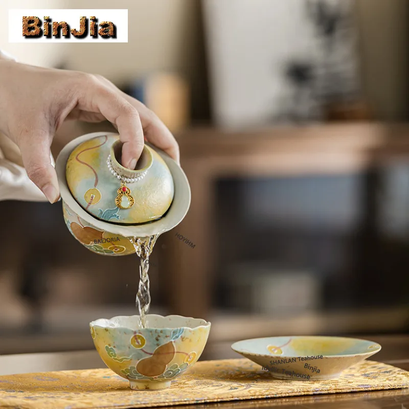 BAEJORIA Hand-painted Gourd-shaped Travel Tea Set Kit Antique 1 Pot 2 Cups Tea Maker Organizer Portable Camping Tote Bag Gifts