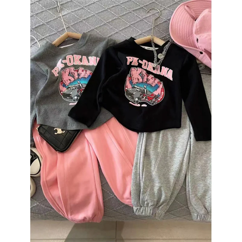 

Girls Printed Bottoming Shirt Sport Pants Suit2024Spring Medium and Large Children's Long SleeveTT-shirt Ankle Banded Pants Two-