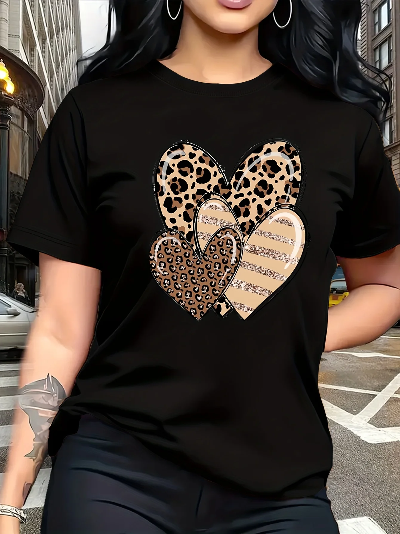 Leopard Print & Heart Design T-Shirt - Short Sleeve Round Neck Casual Top with Appliqué & Graphic, Breathable for all-Season Wear, Matching Sister Outfits, Events, Travel - Medium Stretch Comfortable Everyday Blouse