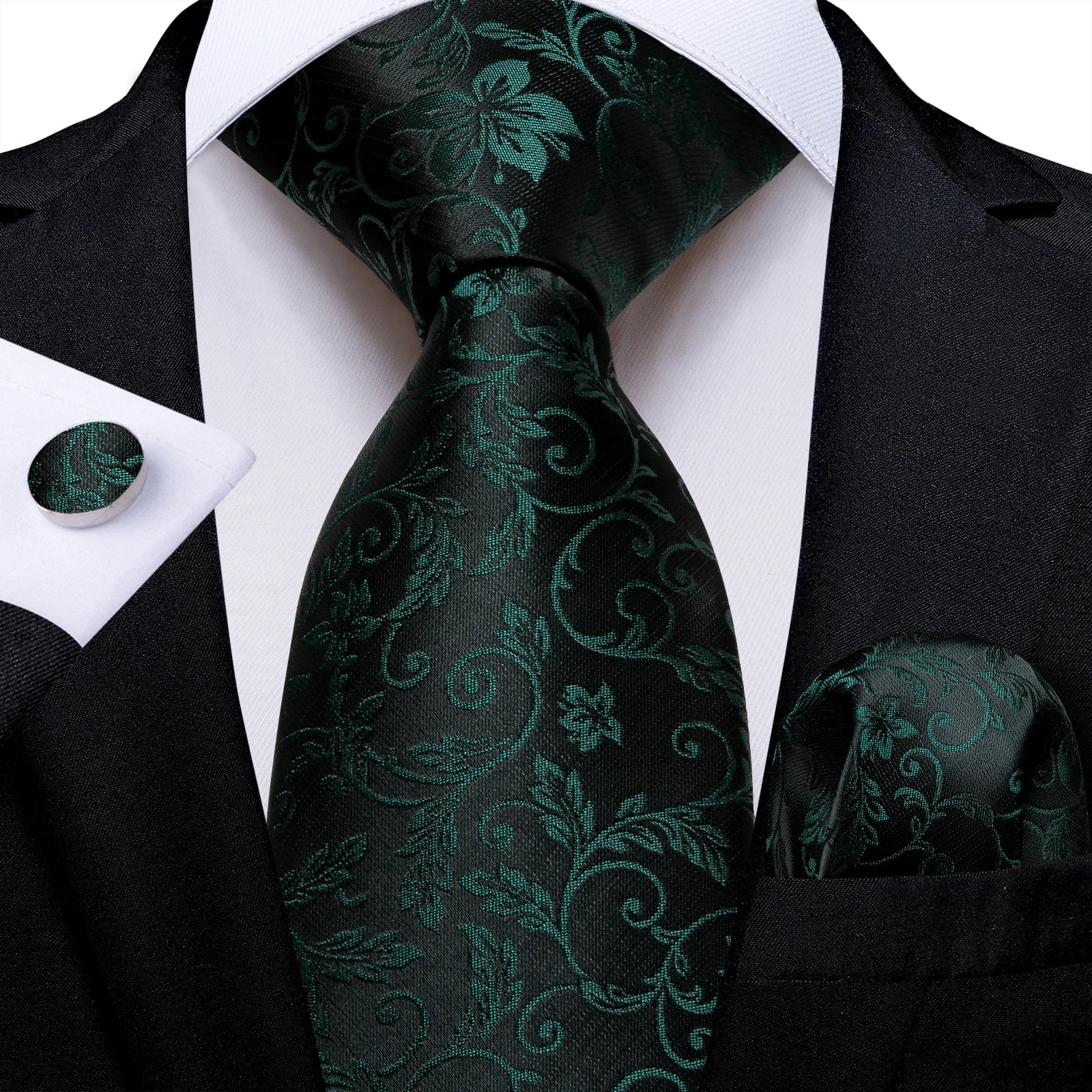 

Dark Green Men's Floral Pattern Necktie Silk Pocket Square Cufflinks Set Formal Groom 8 CM Tie for Business Party Wedding Ties