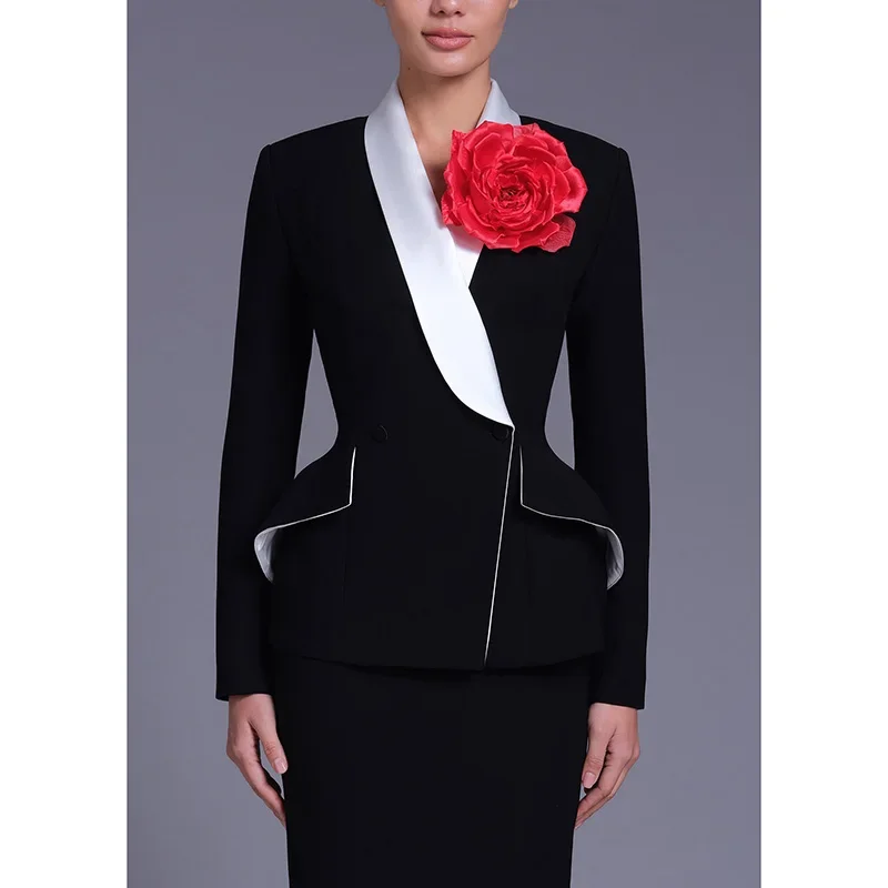Women's new button lapel flower brooch decorative top shoulder pads waist cinching wave hem fishbone support suit jacket