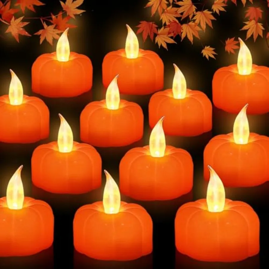 12 Pack Fall Decorations for Home Pumpkin Tea Lights Candle Battery Powered, Halloween Pumpkin Decor LED Orange Lights Flameless