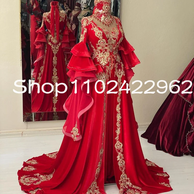 Traditional Moroccan Kaftan Evening Dresses Ruffles Long Sleeves Applqiue Beads Women arabic dubai Caftan Prom Dress