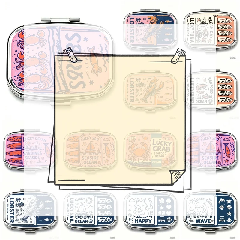 LUCKY TUNA Sardines Print Metal Pill Box, Portable 2-Compartment Travel Pill Organizer For Vitamins & Pills