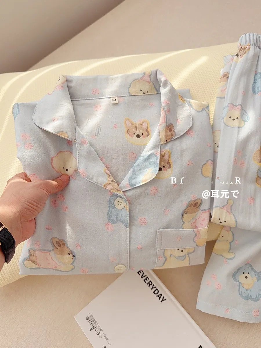 

Cute Cartoon Blue Cotton Pajamas Women's Long Sve Long Pants Home Clothes Set Double Layered Gauze Comfortable Spwear