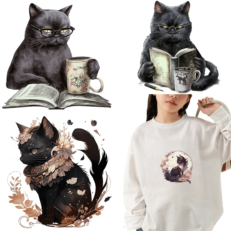 black cat see book dtf Heat Transfer iron on transfer for clothing Thermal for Clothing Iron On Patches For Clothing.