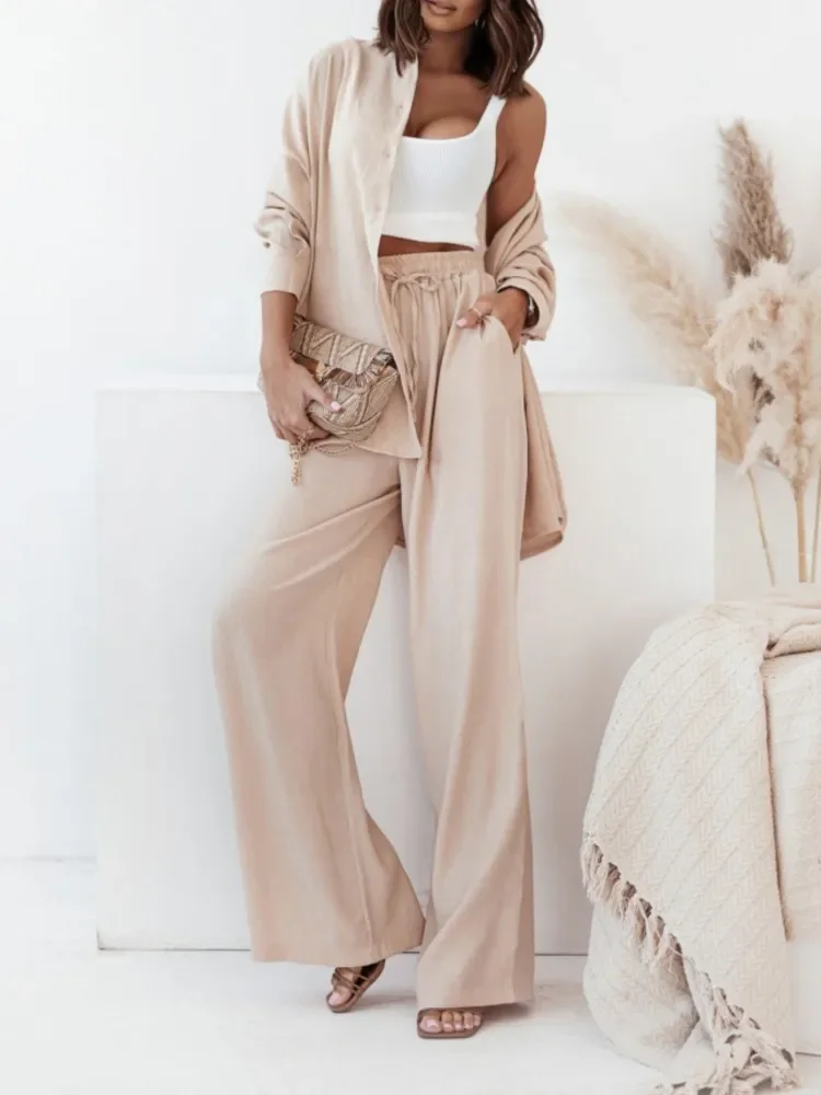 

Spring Summer New Collection Solid Color Sets Casual Fashion Button Shirt Long Sleeve Grace Pants With Pocket Set For Women
