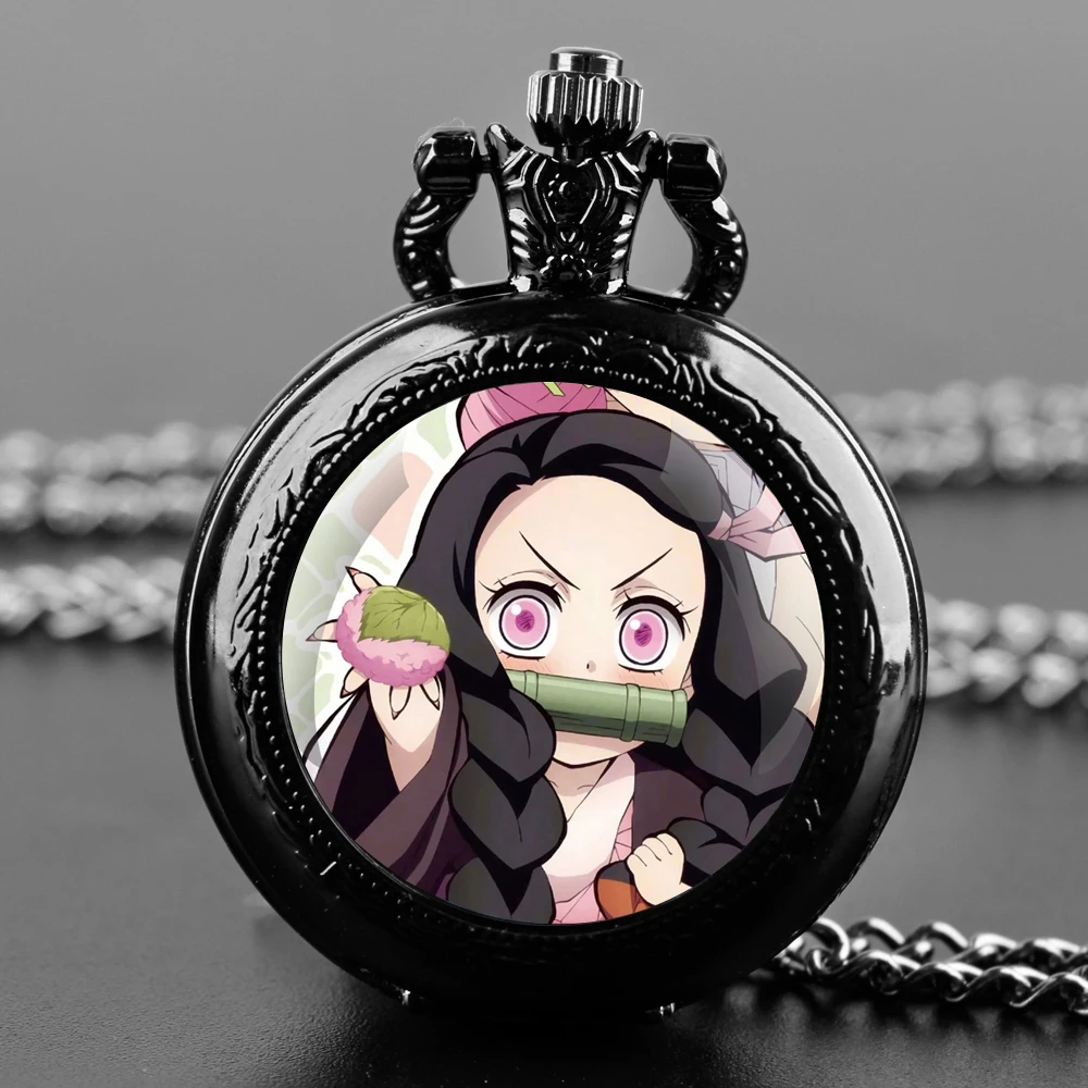 Kamado Nezuko Glass Dome Black Quartz Pocket Watch with Arabic Numerals Dial and Durable Chain Retro Gift for Men Women