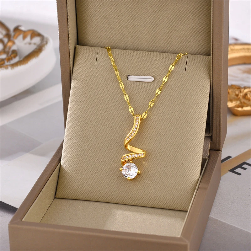 316L Stainless Steel New Fashion Fine Jewelry Japanese Style Zircon Spiral Shape Charm Chain Choker Necklaces Pendants For Women