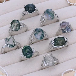 10pcs/set Moss Agate Mixed Style Ring Metallic Silver Color Retro Ring Geometry Rings Set for Women Girls Charm Jewelry Gift