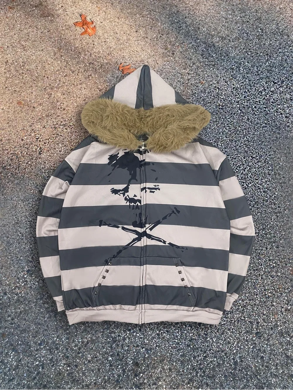 Hoodie mit Lederkragen, geeignet für Männer und Frauen, gestreift bedruckt, langärmelig, lockerer Kapuzenpullover, Sport-Hoodie, Punk Y2K, alltagstauglich.