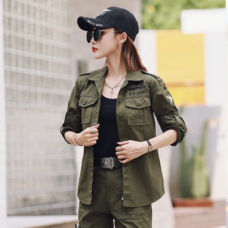 New Women Military Tactical Shirts Long Sleeve Cotton Army Cargo Shirts Chest Pockets Women\'s Casual Work Shirt