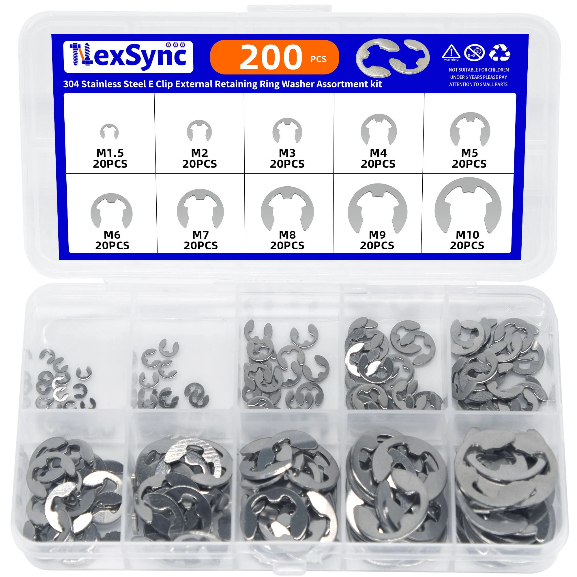 200pcs E Circlip Shaft External Retaining Ring Clip Washer 10 Size Stainless Steel Carbon Steel Circlip Washer for Shaft Fastene