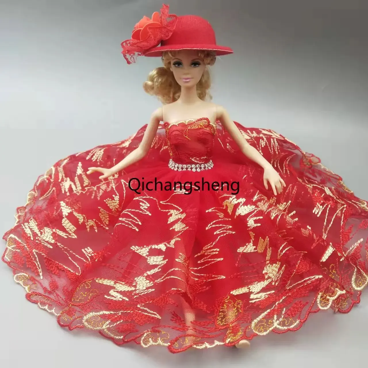 1/6 Doll Clothes Red Golden Lace Princess Dress For Barbie Clothing Outfit Ballet Tutu Dresses Rhinestone 3-layer Skirt Gown Toy