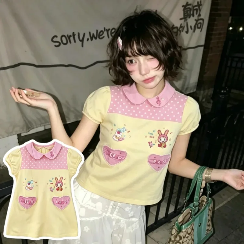 Girls Slim Subculture Two Piece Outfits Y2K Kawaii Japanese Printed Short Crop Tops Mini Skirts Vacation Vintage Casual Sets view 5