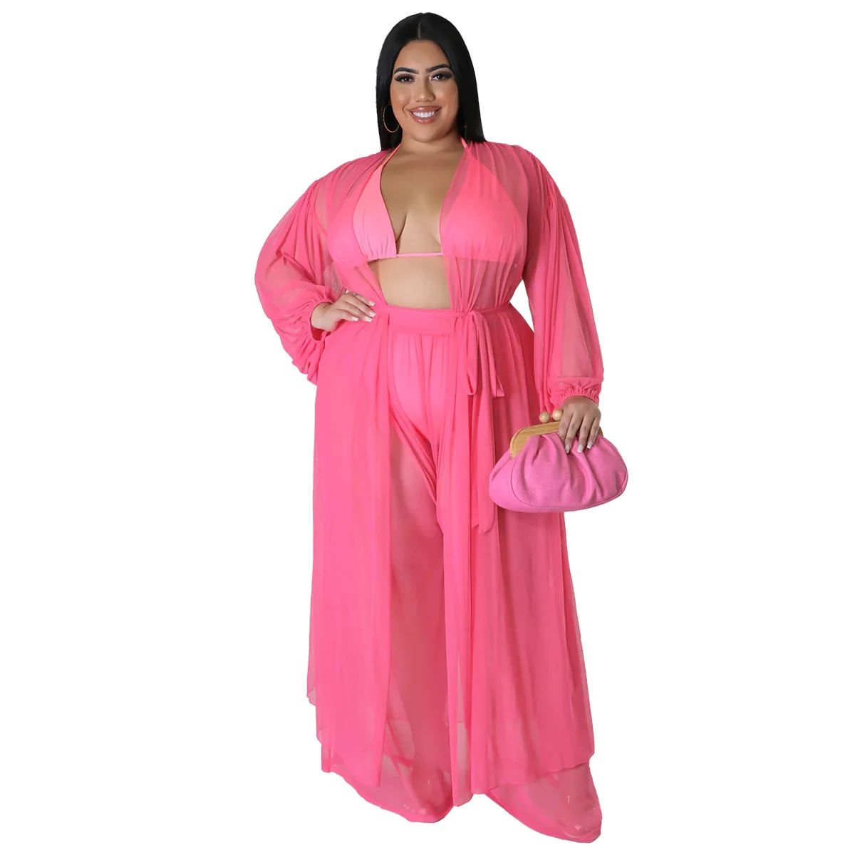 Plus Size Loose Sheer Mesh Two Piece Set Summer Women Clothes Beach Style Long Sleeve Cardigan Cover-ups Pants 2 Pieces Set 2023