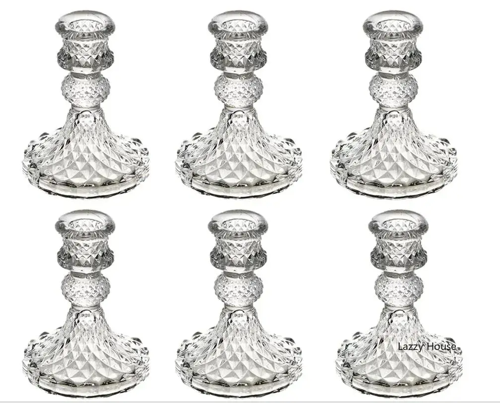 6pc Crystal Candle Holders Centerpiece for Table Dinning Party Wedding Decorations Glass Taper Candlestick Holders Set Bulk