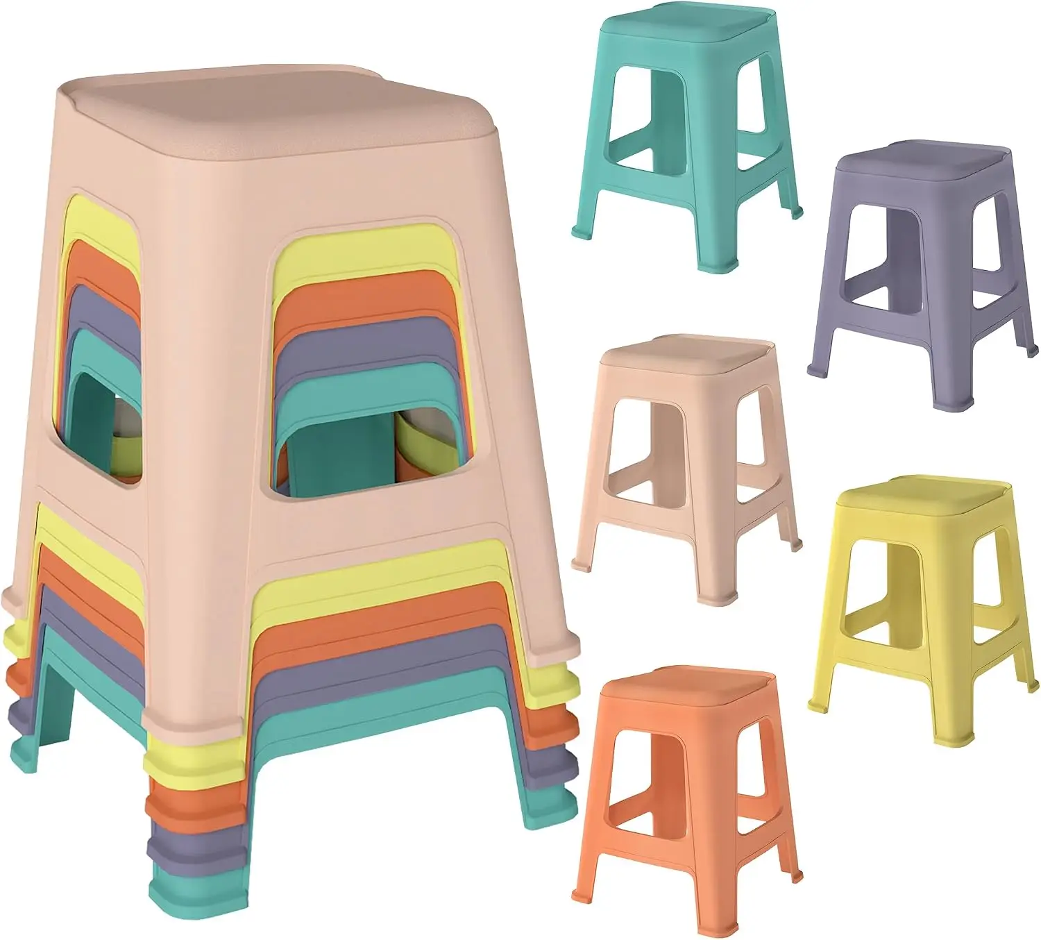 Colorful 5 Pack Stackable Plastic Classroom Stools, Portable Nesting Backless Seating Accent Chairs For Elementary School, Kindergarten, Library, Home, Office