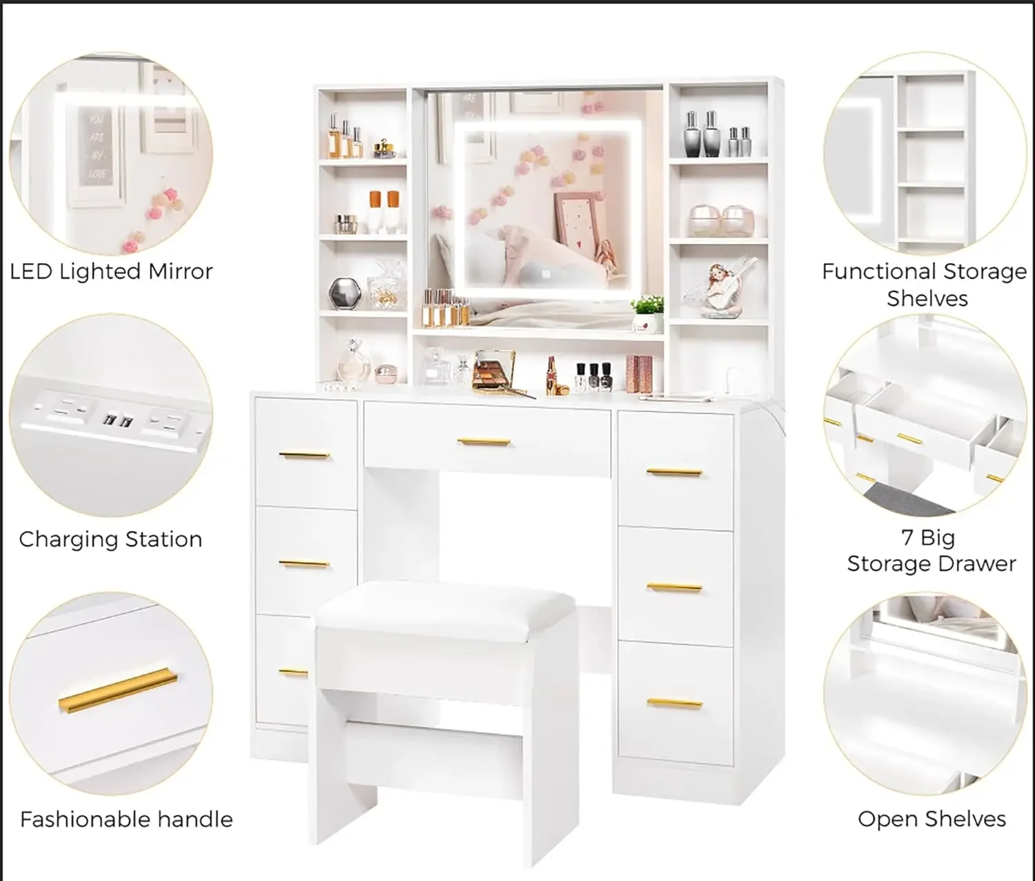 [سعر مخفض! ] طاولة مكتب فانيتي مع مرآة مضاءة 39.4 بوصة مكياج للفتيات مع مخرج طاقة 3 ألوان إضاءة قابلة للتعديل