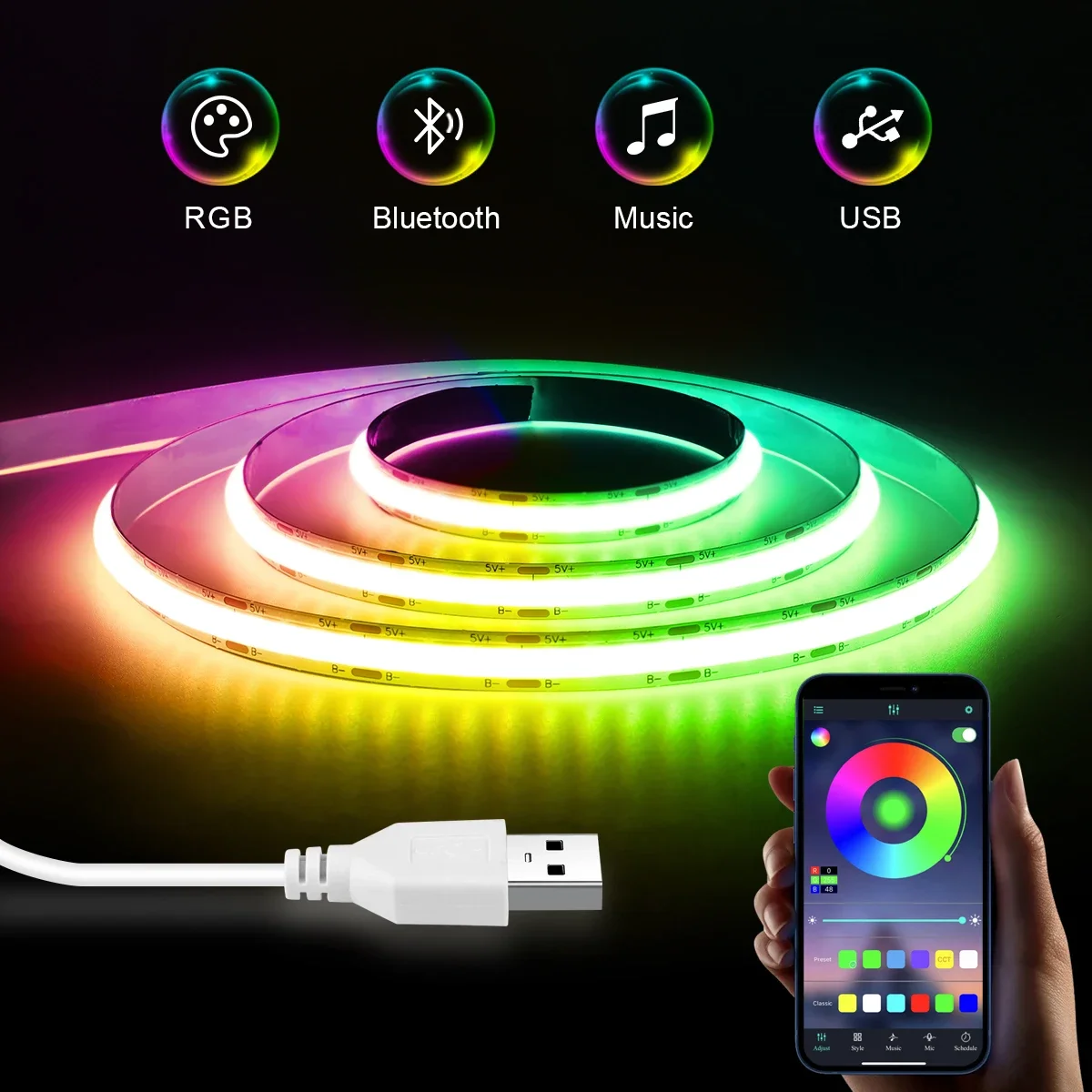 Bluetooth 5V RGB LED Strip Light Controller USB Flexible Diode Lamp Tape 576LEDs/M Linear Dimmable Ribbon TV Background Lighting