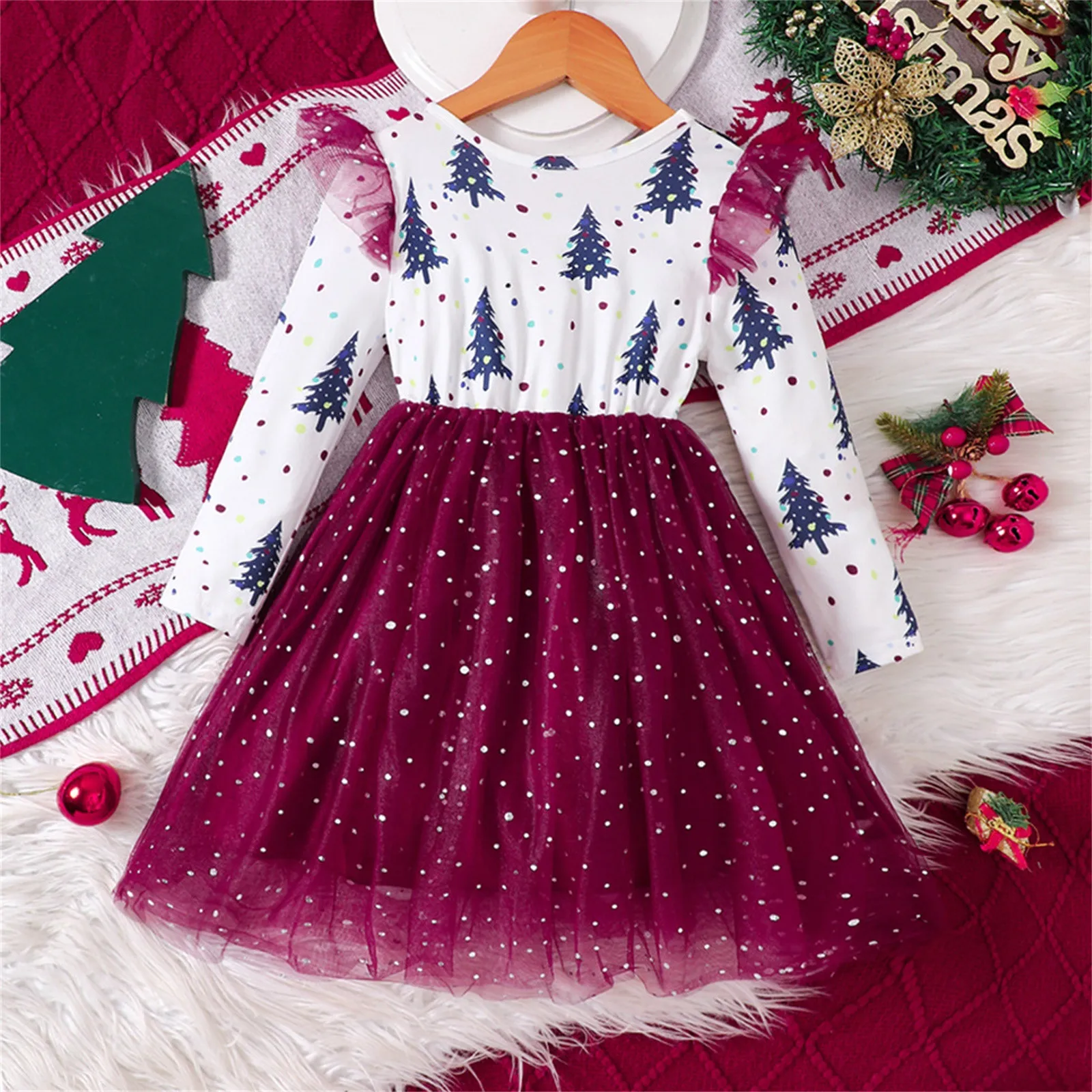 

Kids Christmas Dress For Girls Clothes Autumn Winter 2024 New Child Casual Print Long Sleeve Mesh Patched Princess Dress 2-8Y