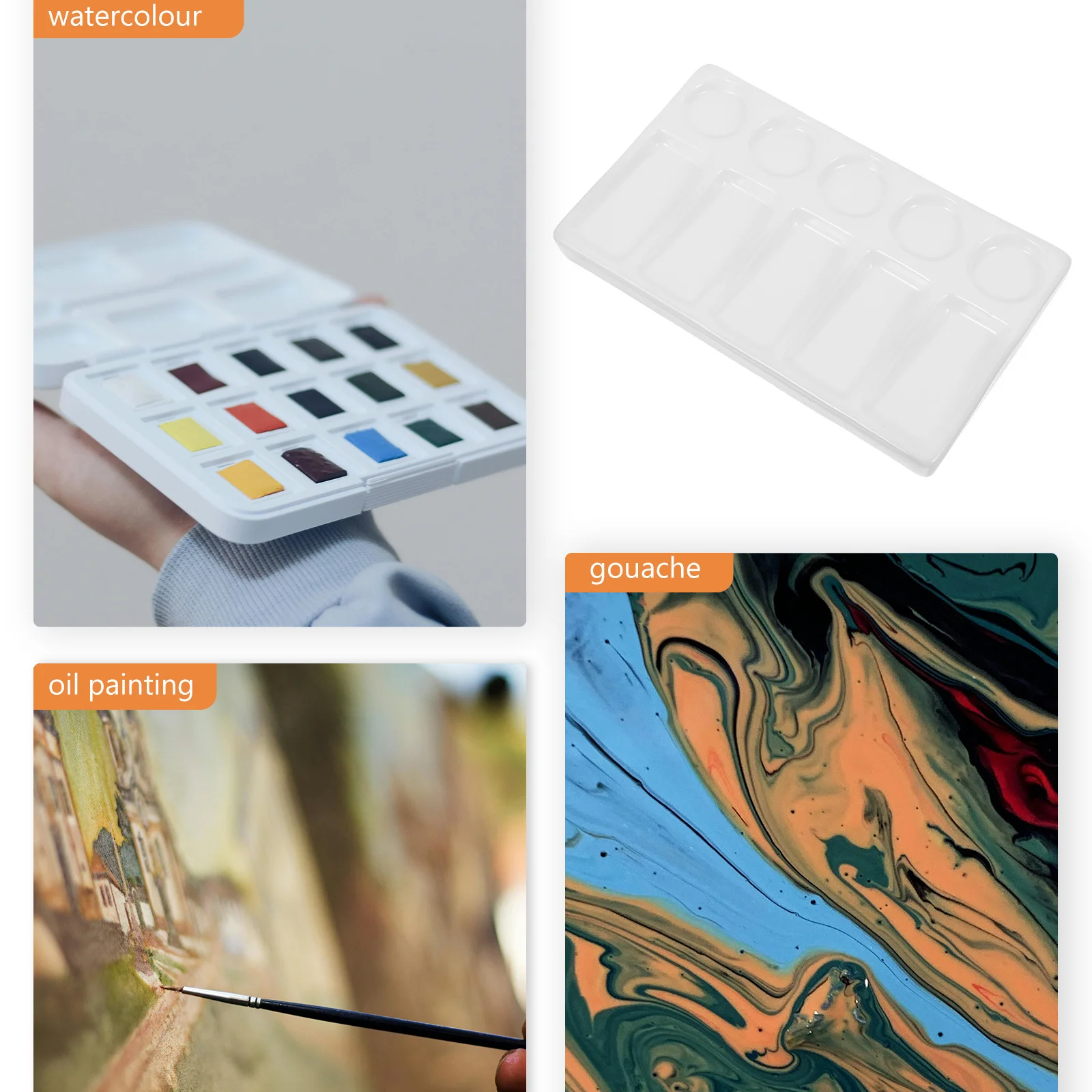 

10-Well Rectangular Palette Plastic Watercolor Painting Tray Smooth White Surface for Acrylic Gouache Oil Easy Clean Leak Proof