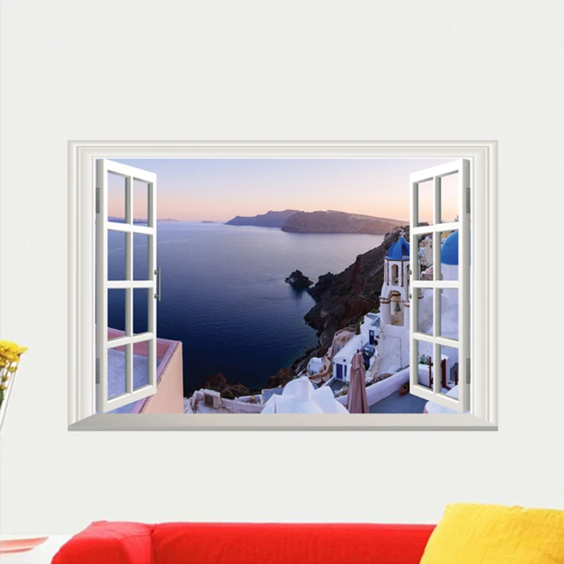 Sunrise Sea View Mural for Home Decorations 3D Room Window Daybreak Seaside City Castle Landscape Vinyl Wall Art Poster Stickers