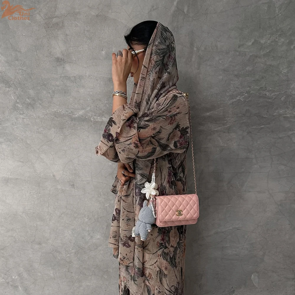 

Uni New Fashion Floral Print Open Abaya Hijab included Casual Loose Muslim Elegant Women Kaftan 2025