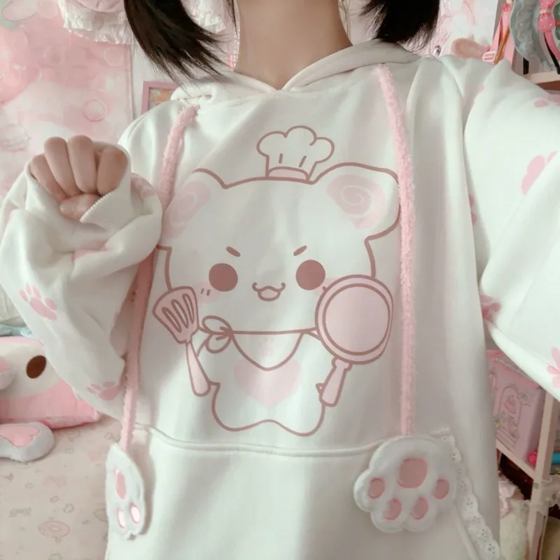 سترة بغطاء للرأس على شكل حيوان كاواي مع ديكور على شكل مخلب قطة، بلوفرات Y2K جميلة وقلنسوة للفتيات، ملابس عصرية كبيرة الحجم مطبوعة برسوم الرسوم المتحركة #2