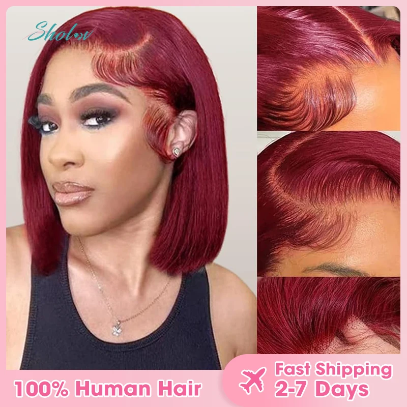 10 inch Burgundy Lace Front Wig Human Hair 13x4 Transparent Lace Wig 99j Short Bob Wigs For Women Human Hair 180% Density