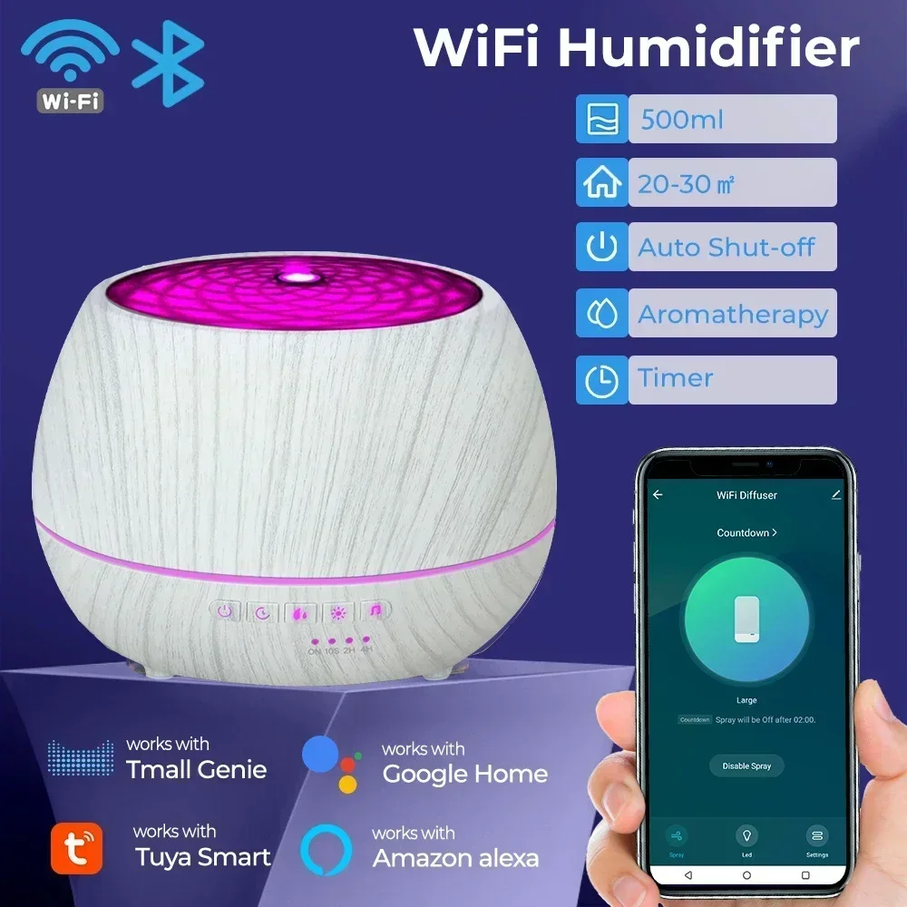 Tuya WiFi Smart 500ML Aromatherapy Essential Oil Diffuser Wood Grain Remote Control Ultrasonic Air Humidifier Cool With