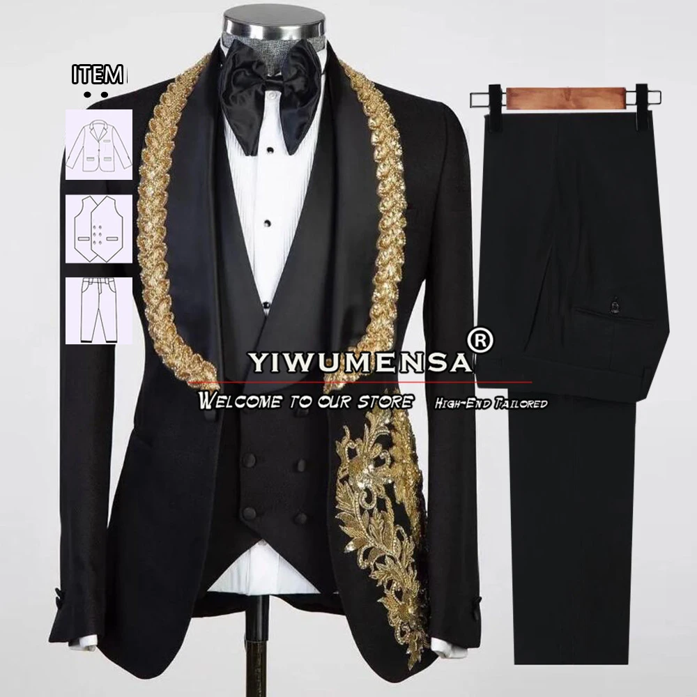 

Black Wedding Tuxedo For Man Gold Appliques Coat Vest Pants 3 Pieces Formal Men Suits Plus Size Bridegroom Tuxedos Male Clothing