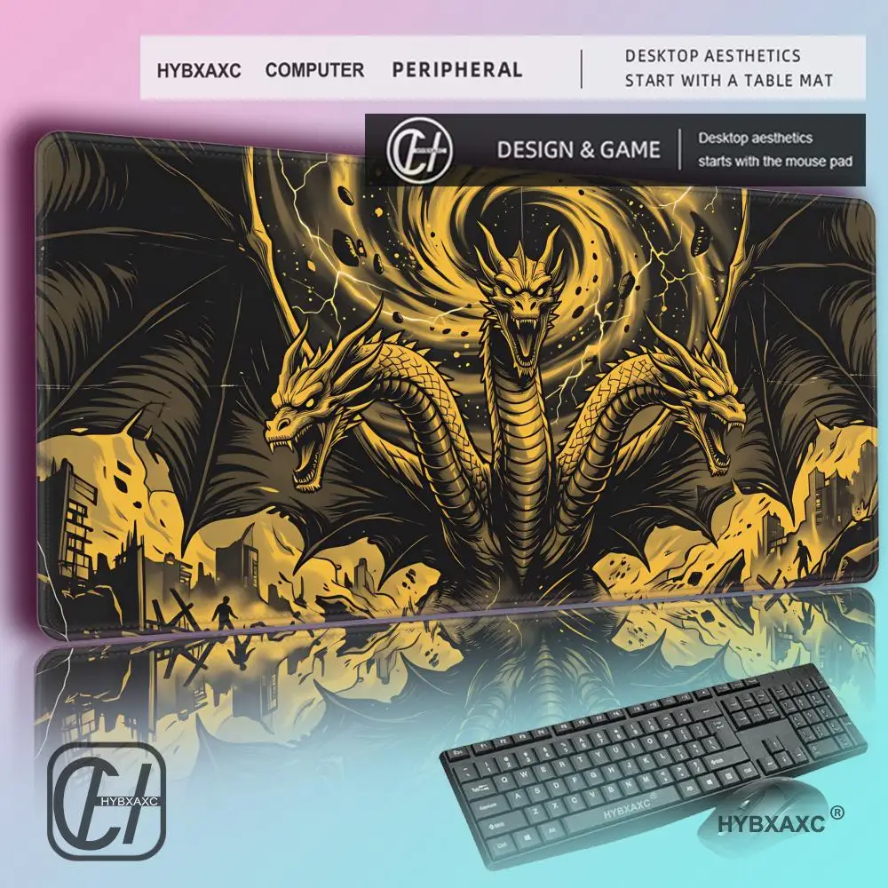 

HYBXAXC King Ghidorah Dragon DeskMat Monster Zero Gold Black MousePad Three Headed Kaiju Extended Gaming Mat Retro Comic Tech